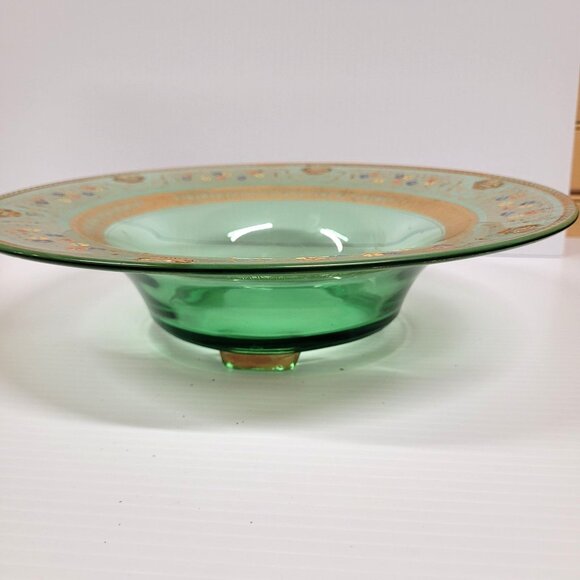 Westmoreland 12'' Green Glass Serving Bowl Hand Painted Gold & Enamel Accents - Picture 4 of 7